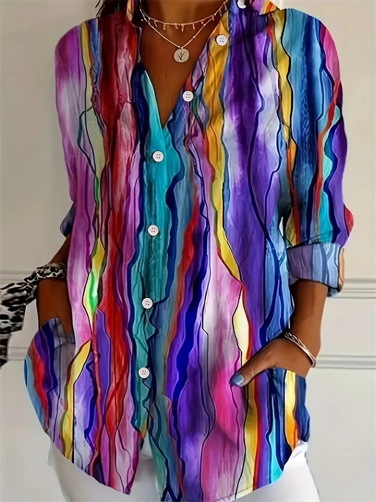 

2025 женская новая летняя свободная рубашка в красочную полоску, повседневная повседневная рубашка с лацканами на пуговицах, высококачественная удобная дышащая рубашка, топ