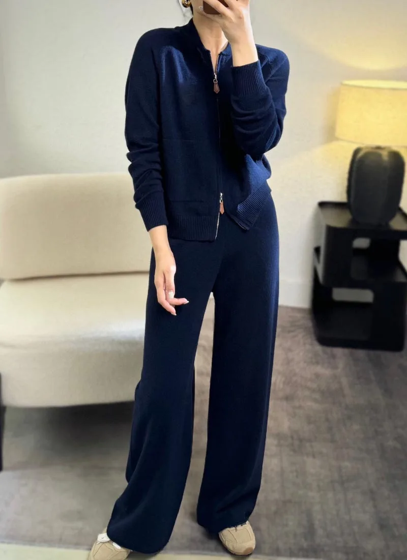 

2024 Autumn New Women's Sweater Fashionable and Exquisite Full Match Collar Zipper Wool Cardigan+High Waist Pants