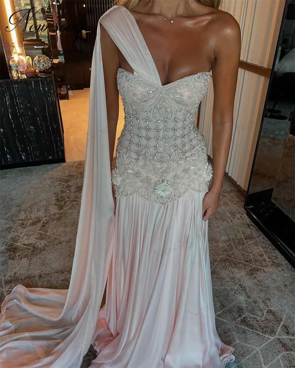 

Crystals One Shoulder Prom Dresses Luxury A Line Beaded Prom Cocktail Dress Summer Party Gowns Vestidos De Cóctel Customized