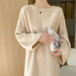 Merino Wool Sweater  Women's Autumn Winter Woolen Sweater Tunics Solid Loose Casual Simple Knitted Top