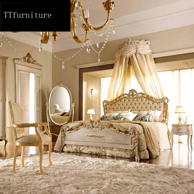 

modern european Italian solid wood bed Fashion Carved luxurious french bedroom set furniture king size jxj48