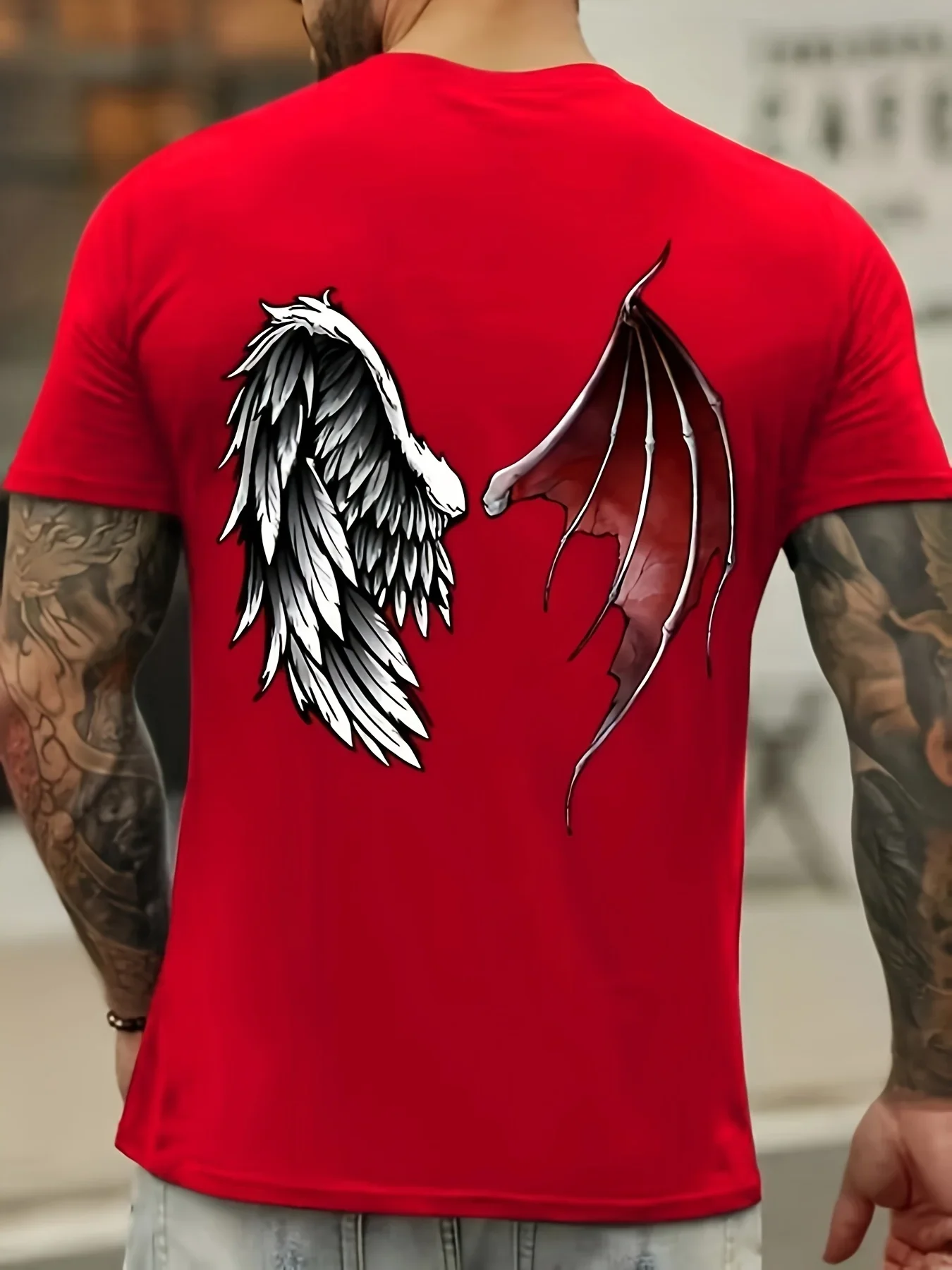 Angel Devil Wings Print Short Sleeve Cotton Tee for Men Casual Quick Drying Breathable T-Shirt Round Neck Tshirt for All Seasons