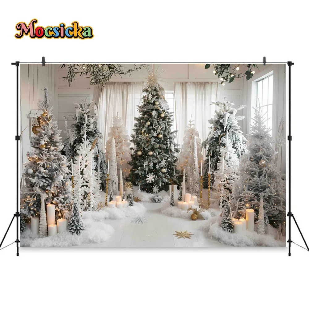 Christmas Photography Background Snowy Xmas Tree Candles Glitter White Curtain Backdrop Winter Family Home Interior Photo Studio