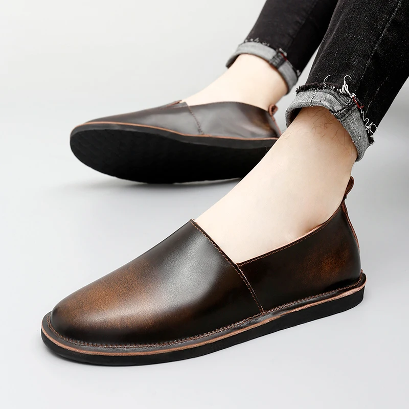 Men's Genuine Leather Slip on Loafers Brand Brown Casual Shoes Comfortable Soft Sole Vintage Hand Stitched Male Daily Footwear