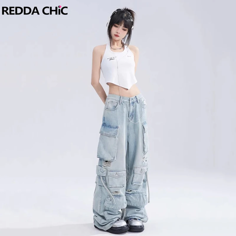 

REDDACHiC Multi-Pocket Cargo Pants Torn Destroyed Wide Leg Baggy Jeans High Rise Oversized Trousers Y2k Vintage Women Workwear