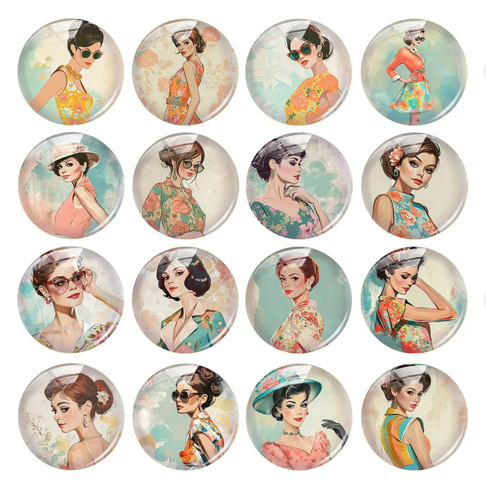 Random Mixed Round/Oval/Square Fashion Lady Girl Photo Glass Cabochon Flatback Demo Cameo For Diy Jewelry Making