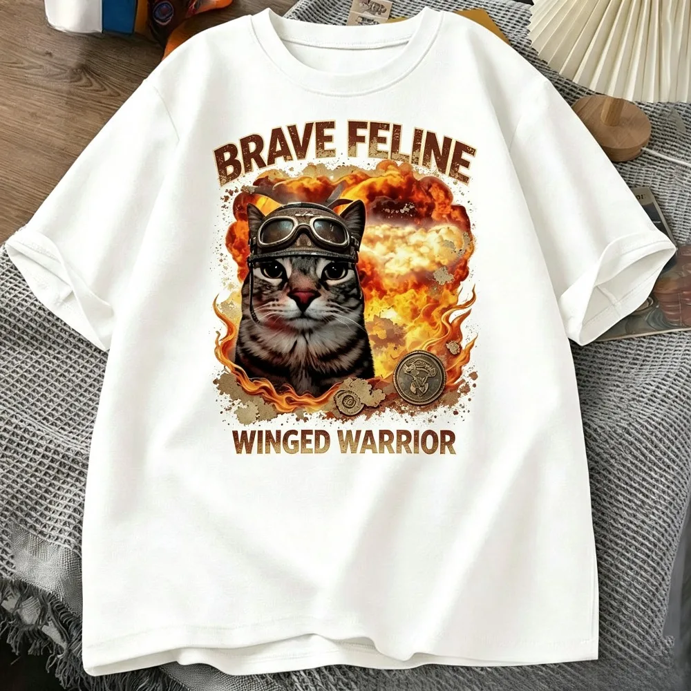 Brave Feline Winged Warrior Cat Graphic Men T-Shirt Vintage Military Animal Print Casual Short Sleeve Tee
