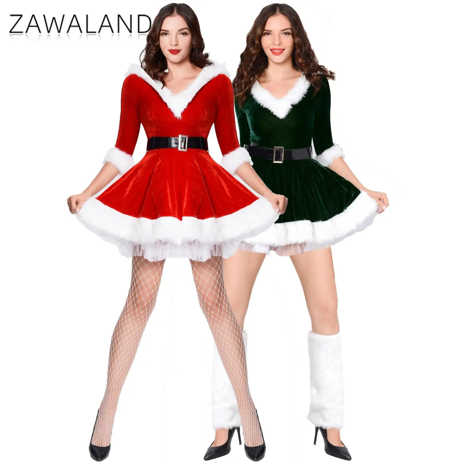 

Zawaland Miss Claus Cosplay Costumes Women Christmas Party Dresses Sexy V-Neck Outfits Xmas Santa Sweetie Fancy Dress