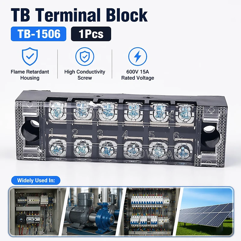 1PCS Flame Retardant TB1506 Terminal Block Strip 15A 600V - Durable Thick Copper Screw Wire Connector for Electrical Panel