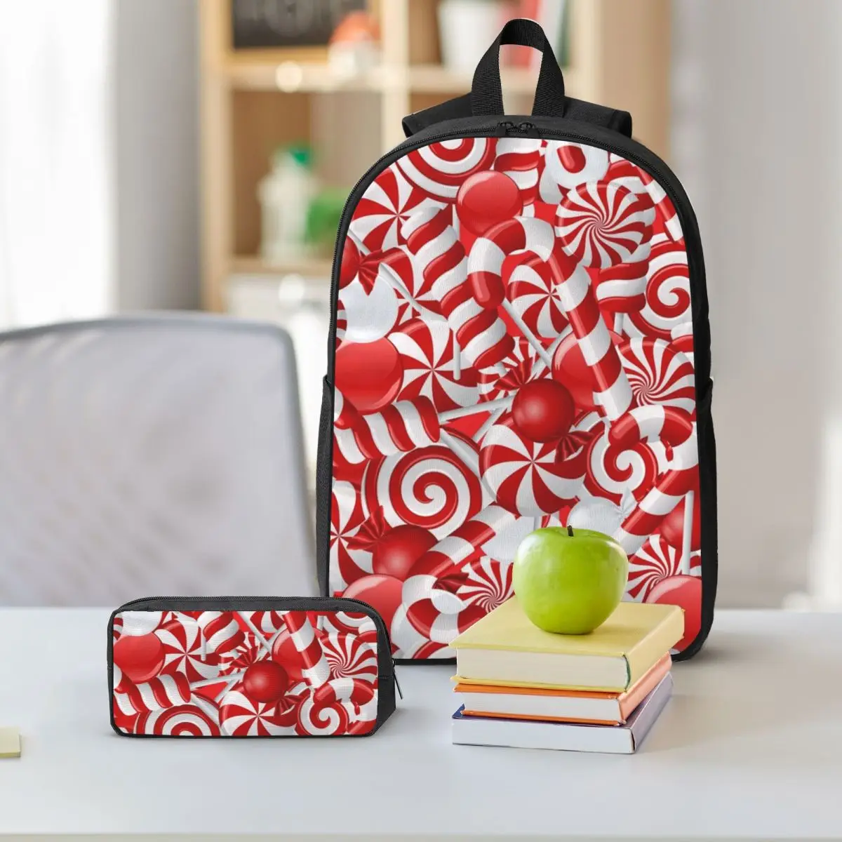 Peppermint Candy Backpack Boys Girls BookBag School Bag Shoulder Bags 3ps Insulated Lunch Bag Pencil Case