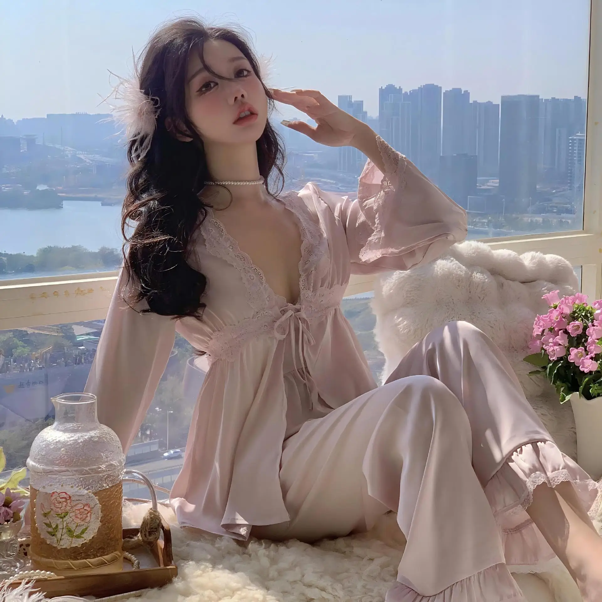 

New 3PCS Pajamas Set Home Clothes Sexy Lace Sleepwear Retro Palace Style Trouser Pijamas Suit Satin Loungewear