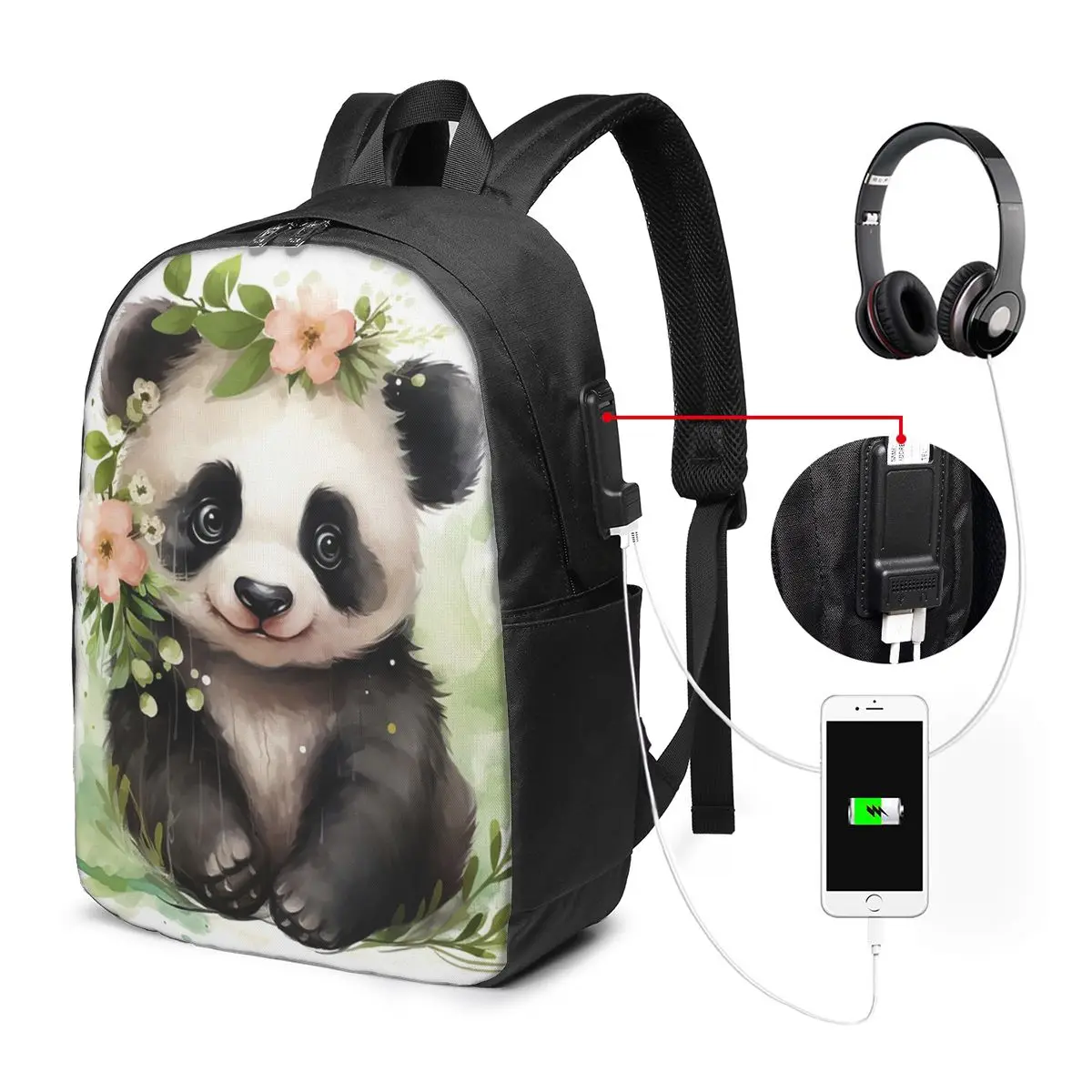 Watercolor Artwork Panda With Flowers Backpack Travel Notebook Bag Computer College Student School Bag Laptop Shoulder Bags