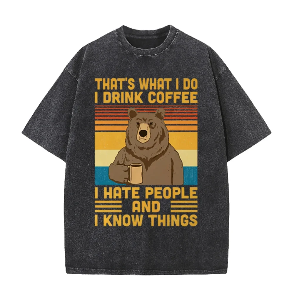 2026 Vintage Retro Striped Brown Bear Coffee Cup Graphic Black Acid Washed T Shirt Funny Sarcastic Quote Oversized Unisex Casual