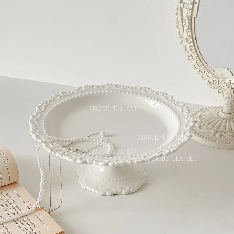 White Ceramic Pedestal Cake Stand Embossed Lace Beaded Rim Dessert Serving Plate For Cupcake Fruit Afternoon Tea Wedding Party