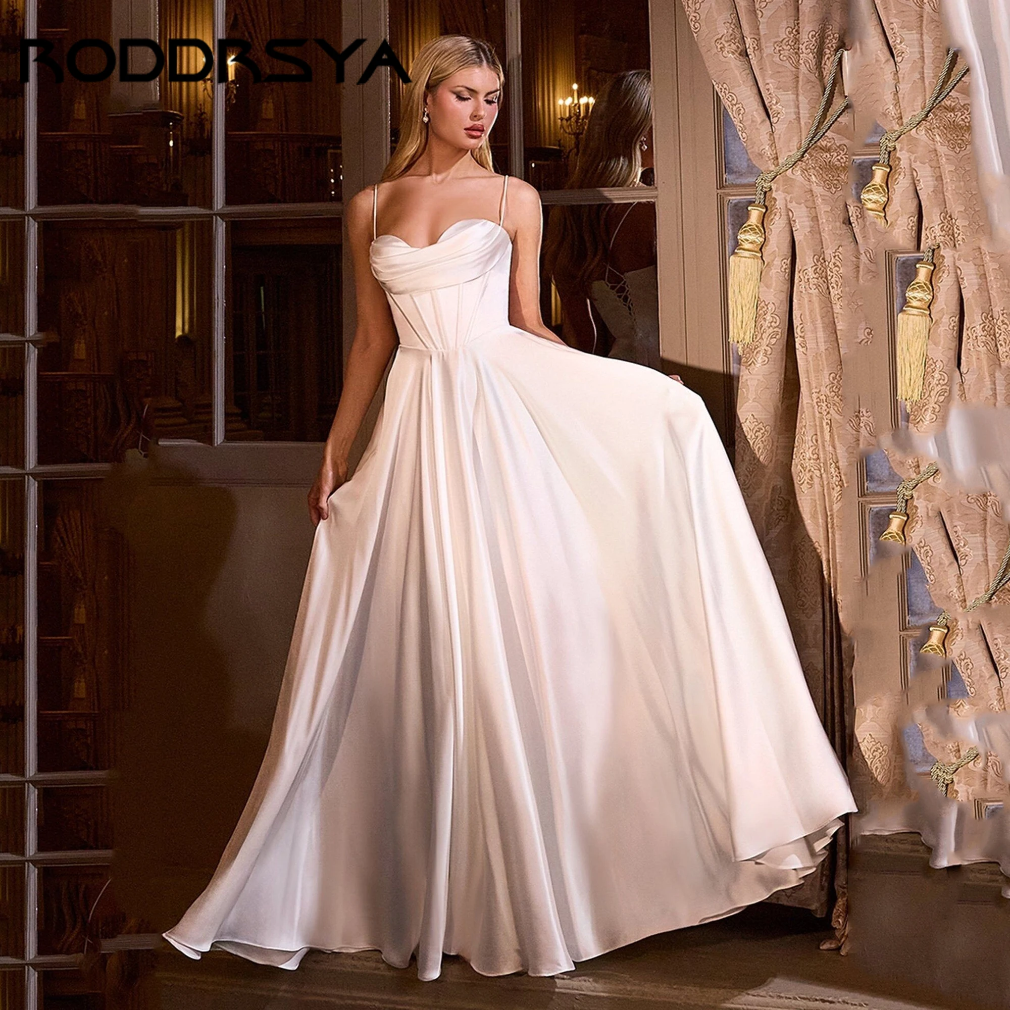 

A-Line Luxury Wedding Dresses Sweetheart Neck Satin Thin Shoulder Strap Tie Boho Bridal Dress Vestidos De Novia 2025 Customized