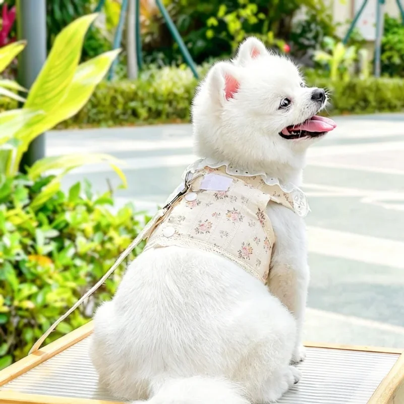 Sweet Lace Dog Harness with Rope Floral Print Pet Plaid Vest Fashion Puppy Jacket Summer Mesh Cat Harness Walking Pet Supplies