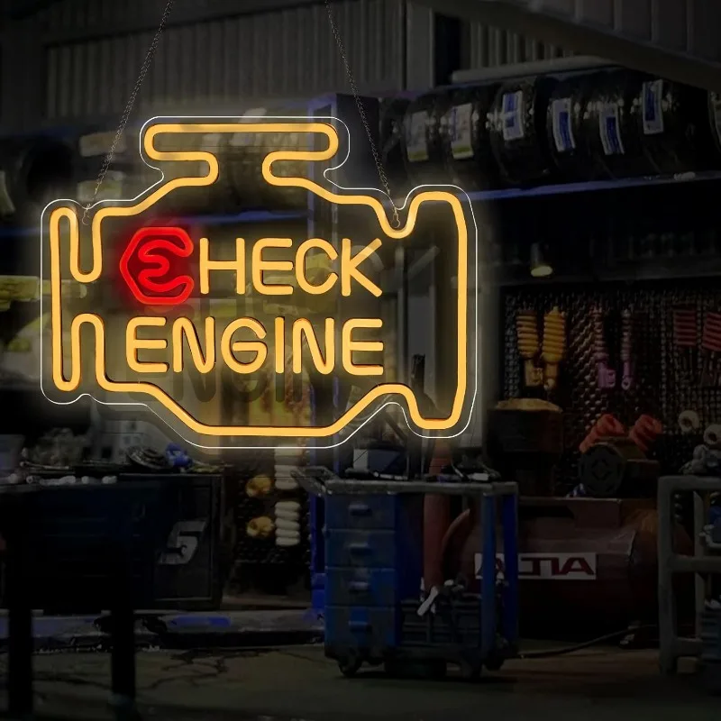 XM Check Engine Neon Garage LED Neon, Dimmable, USB-powered, Mens Wall Art Gifts, Mens Cave Garage Room Automatic Repair Shop