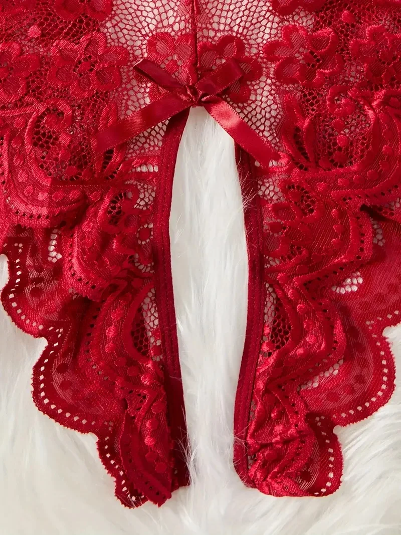 ملابس النساء الأحمر الجوف خارج الرسن ارتداءها مثير امرأة الجسم قطعة واحدة الدانتيل الملابس الداخلية المثيرة Crotchless فستان صنم الحميمة #6