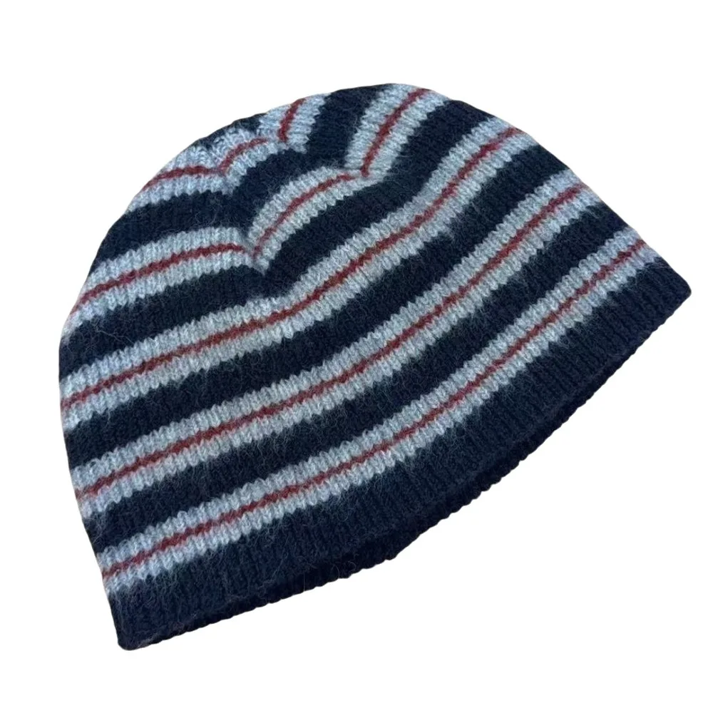 Fold-Up Wool Blend Striped Beanie Hat Thick Soft Ribbed Knitted Cap Windproof Color Blocked Warm Pullover Hat Autumn Winter