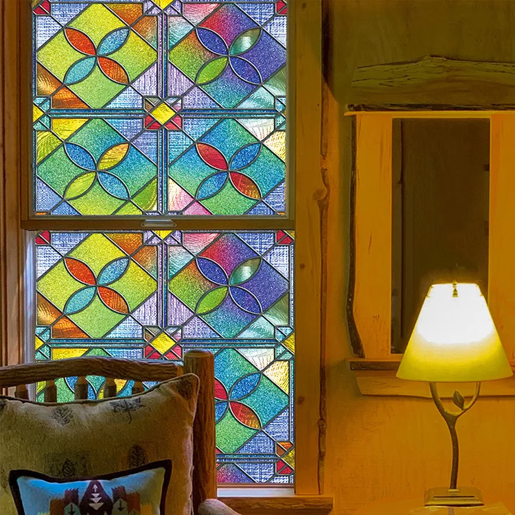 Fenster-Sichtschutzfolie, Retro-Buntglas, grün, lila, nicht klebend, statisch haftend, mattierte Fensterfolie für Glastüren, Badezimmer, Zuhause