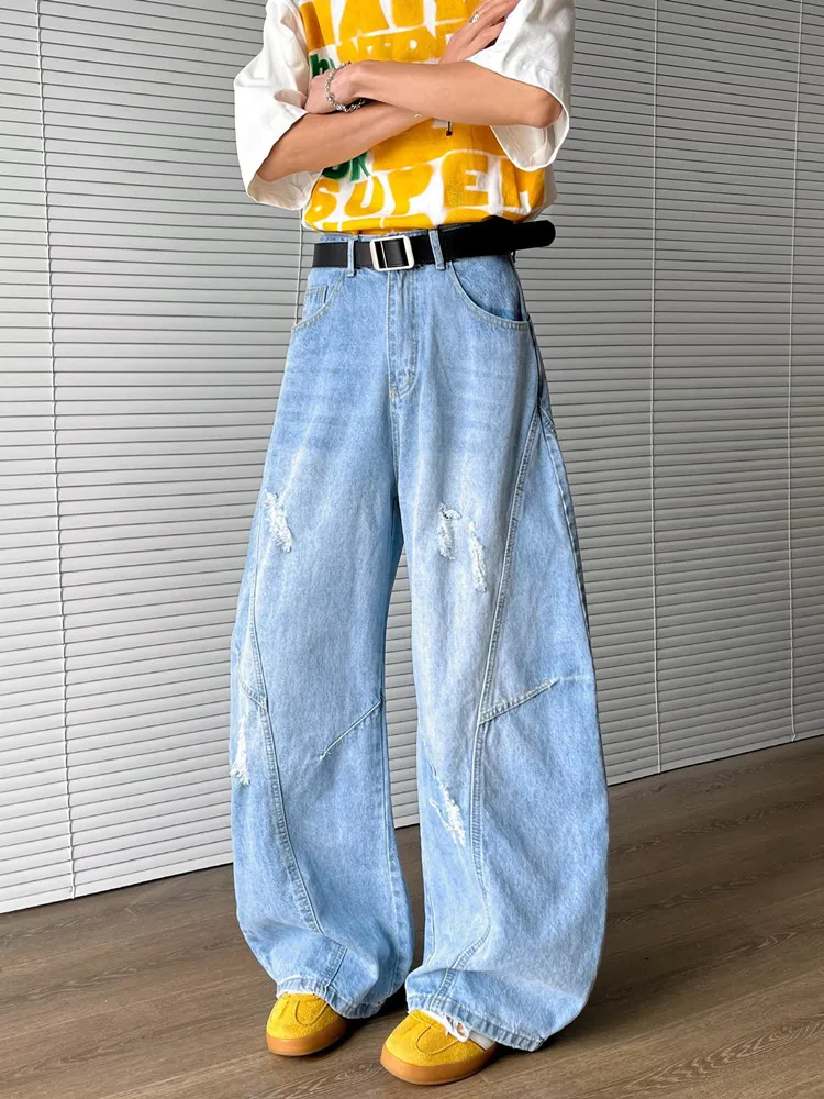Trashy Y2K 2000S الشارع الشهير غسلها الأزرق فضفاض ممزق مكدسة الجينز السراويل للرجال 90S الملابس خمر واسعة الساق السراويل الدنيم القديمة