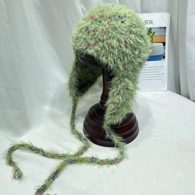 Hand-woven Mixed-color Wool Bomber Hat Women's Autumn and Winter Plush Straps Warm Versatile Ear Protectors Fluffy Knitted Hat