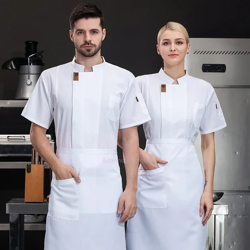 Men Chef short sleeve Jacket Breathable Chef coat Restaurant Kitchen black kitchen Chef uniform apron Summer work clothes logo