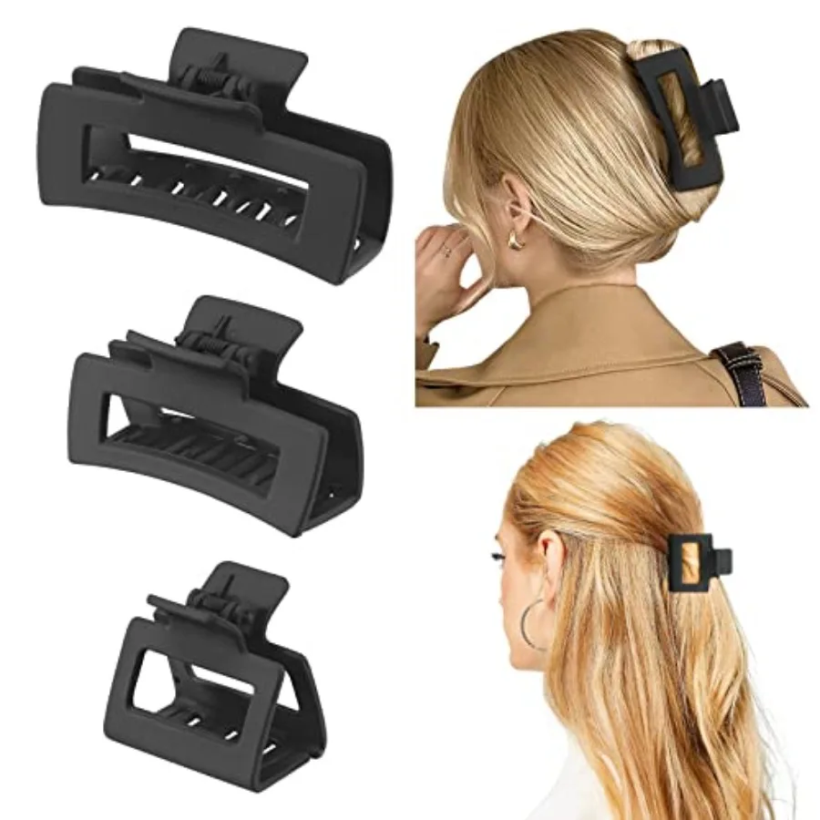 3 Pack Hair Claw Clips, Square Rectangular Claw Hair Clips for Women Girls, Non-slip Matte Large Medium Small Hair Clips, Stron