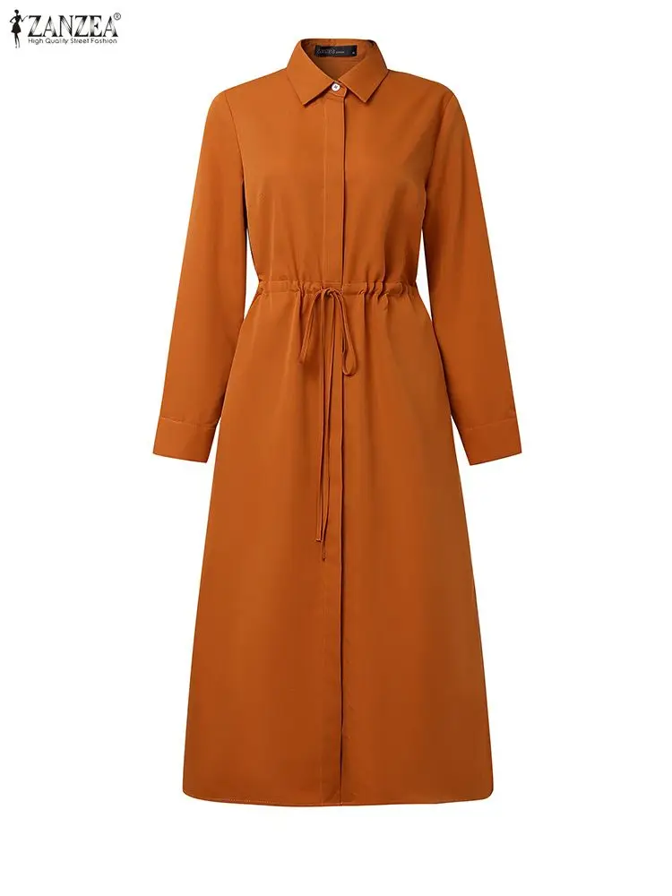 ZANZEA otoño elegante solapa cuello manga larga vestido camisero vestidos de mujer 2025 elegante sólido OL vestidos de trabajo botones Midi Up Robe