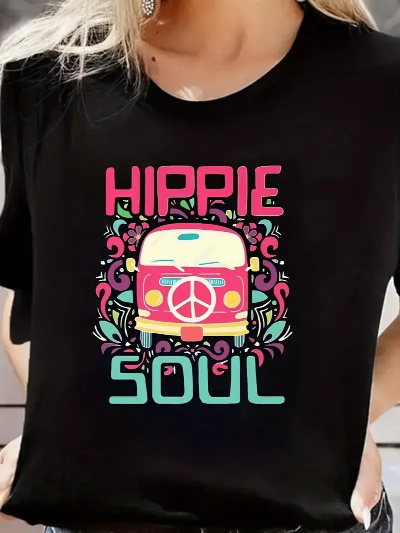 HIPPIE SOUL BUS Printed T-shirt Women\'s O-neck Short SleeveT-shirt Summer Harajuku 2024 New Fashion Casual Retro Women\'s T-shirt