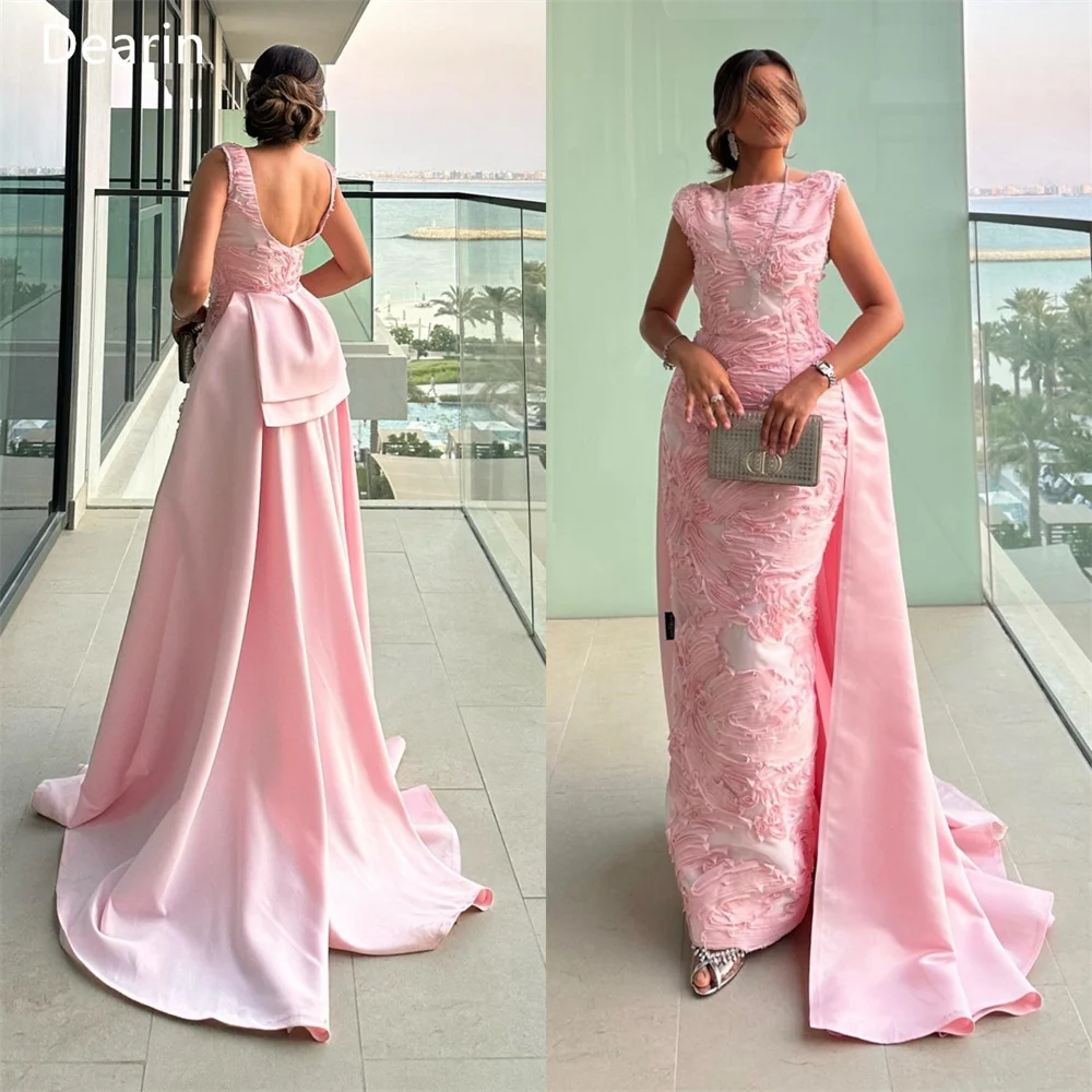 

Customized Saudi Arabia Dearin Scoop Neckline Column Floor Length Skirts Open Back Draped Sleeveless Print Bespoke Occasion Dres