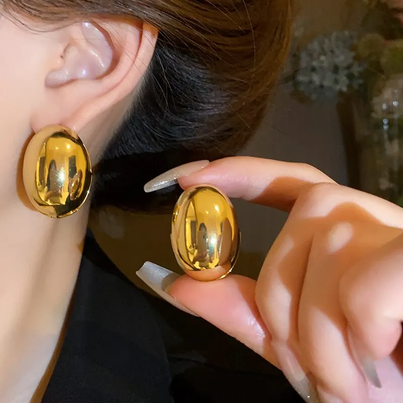 Gold-color Irregular Oval Stud Earrings Smooth Geometric Metal Chunky Earrings For Women Minimalist Fashion Ear Jewelry K0