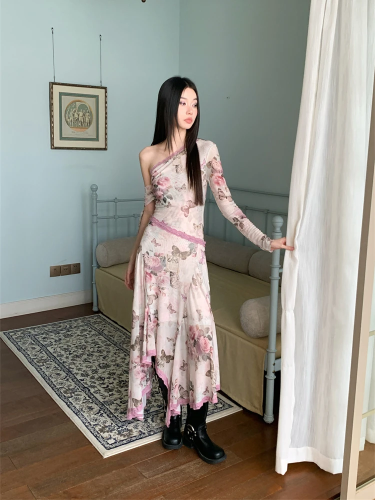 CHEERART Butterfly Rose Pink Floral Off The Shoulder Long Dress For Women 2024 Fall Long Sleeve Mesh Midi Asymmetrical Dress