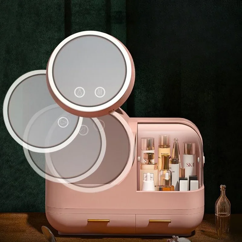 Light luxury LED cosmetic mirror, high-end desktop large-capacity cosmetic storage box, rotatable cosmetic mirror storage integ