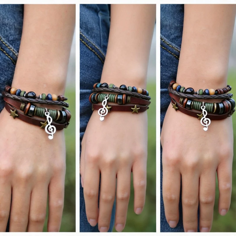 Europe & US Hot Sale Beaded Leather Woven Retro Bracelet, Alloy Music Note Cowhide Bracelet Cross-border Jewelry