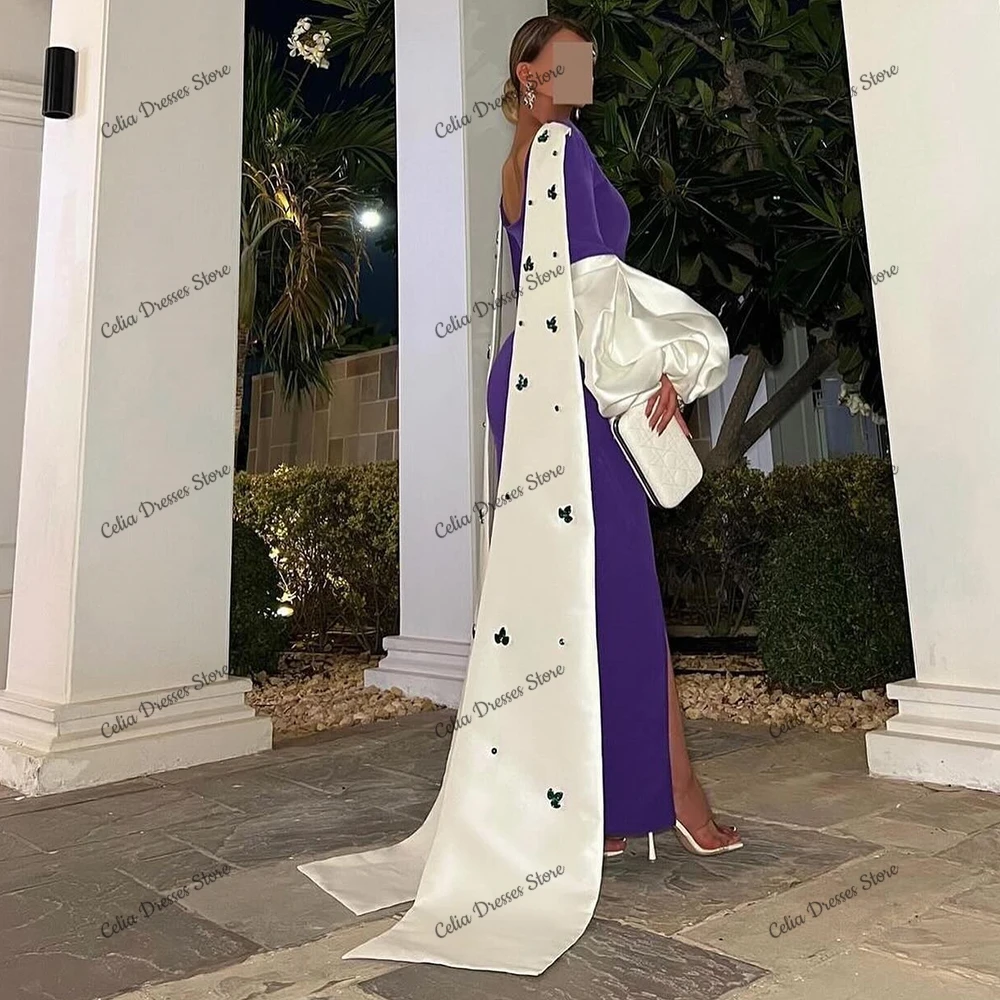 Purple V-neck Straight Formal Evening Dress with Watteau Train Appliques Fashion Long Puff Sleeves Front Slit Prom Gowns