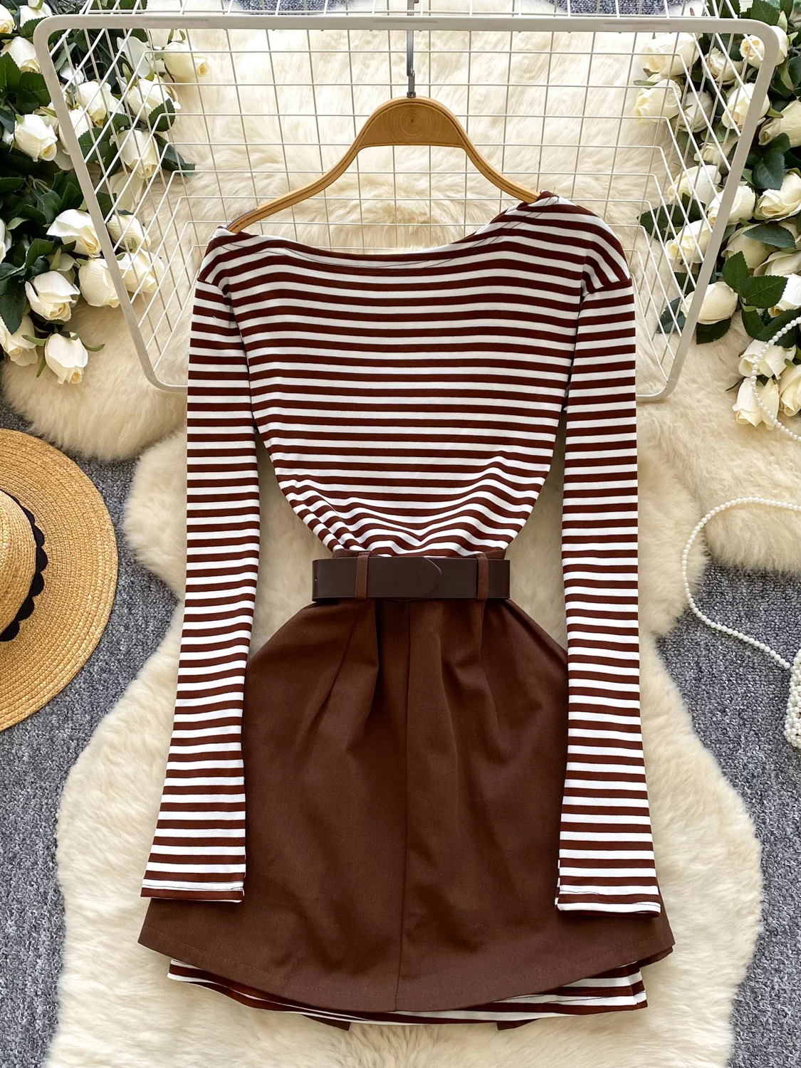 Korean Sle Women's Slim Fit Striped T-irt Dr oulder Design Long Sve High Waist f Skirt Two Piece Set Casual Wear