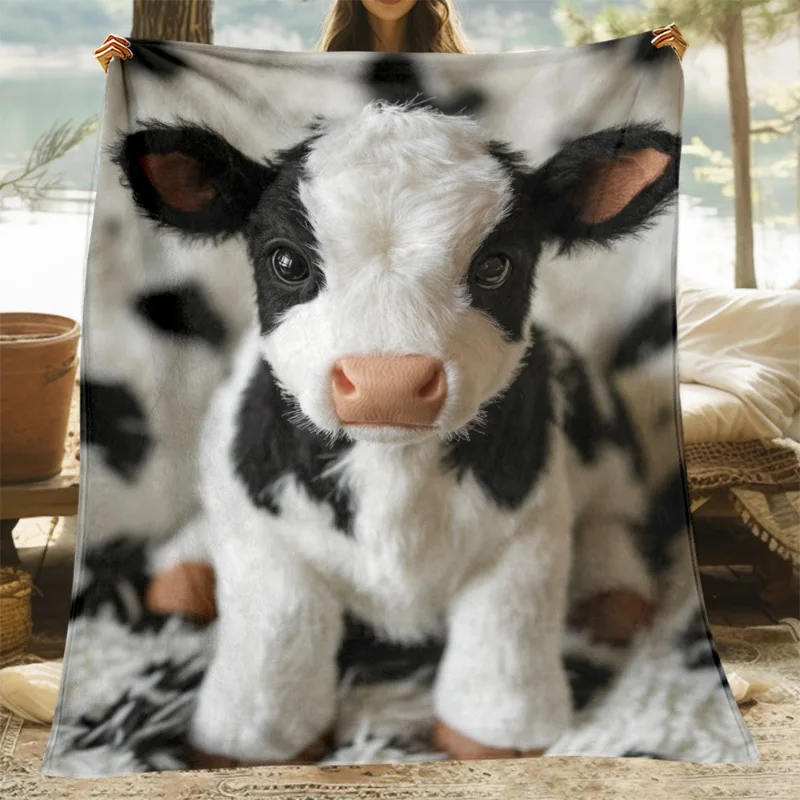 Manta de franela con estampado de vacas acogedora, forro polar de poliéster suave y cálido para viajes de sofá cama