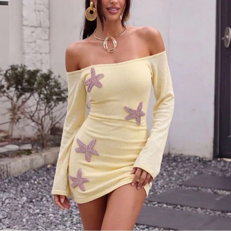 Typhaland One Shoulder Beach Cover Up Dress Women's Bikini Swimsuit 2026 Summer Fashion Sexy Sheer Long Sleeve Female Dress