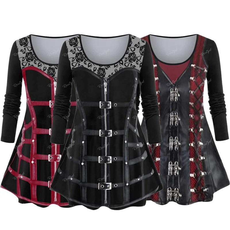 ROSEGAL Plus Size gotycka graficzna koszulka dla kobiet, długi rękaw, sprzączki na zamek błyskawiczny 3D nadruk Halloween cienkie topy wiosenne jesienne ubrania