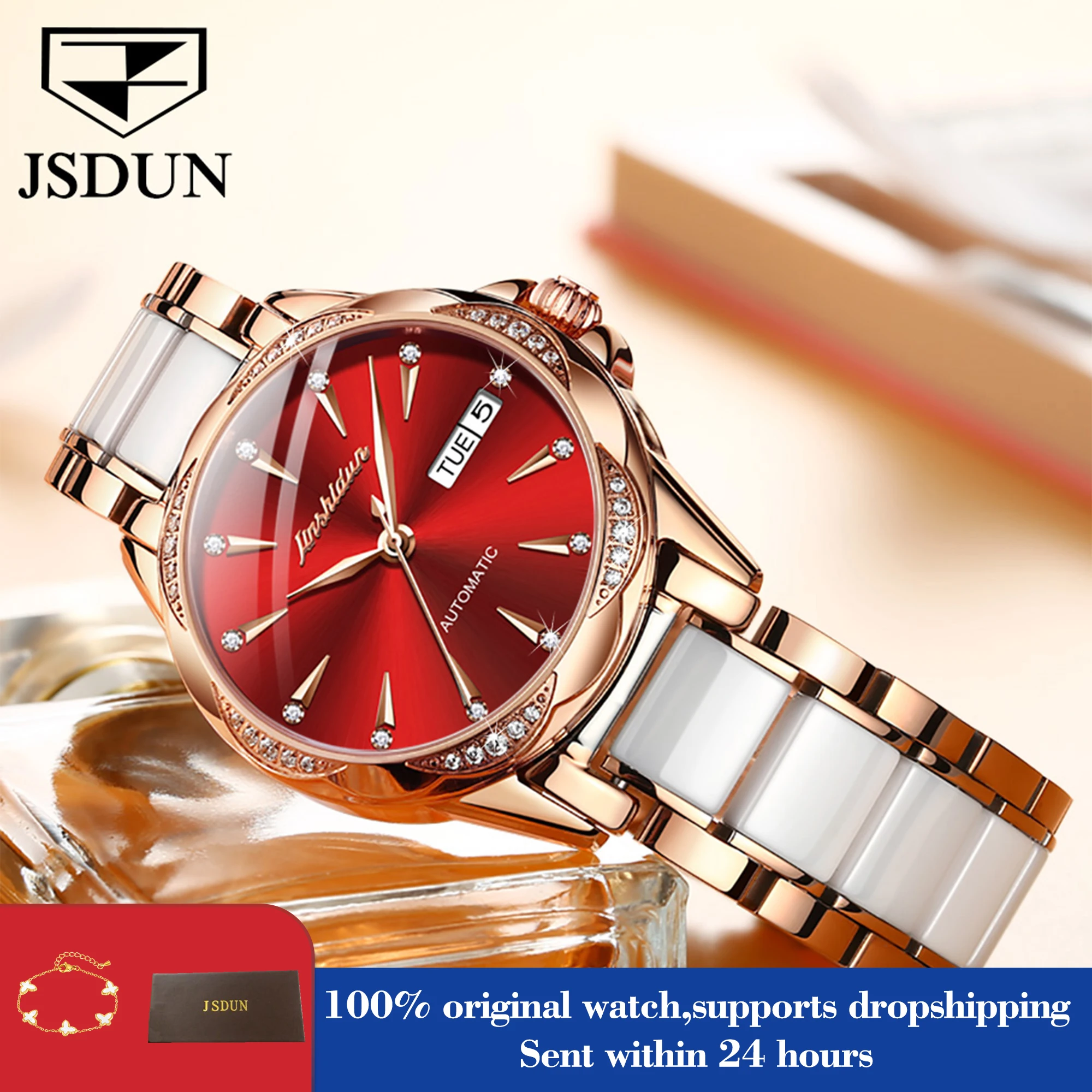 

JSDUN 8821 часы для женщин, роскошные элегантные автоматические ручные часы с двойным календарем, сапфировое зеркало, 50 м, водонепроницаемые механические часы