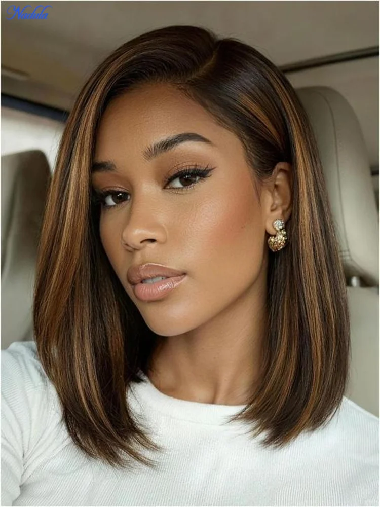 Nadula 7x5 Drawstring Bob Glueless Wig Golden Brown Yaki Straight 100% Human Hair No Tangle No Shedding Pre Cut HD Transparent Lace Pre Plucked Pre Bleached Knots Bye-Bye Slip Pre Colored Human Hair Wig Ready to Wear for All Size Heads Density 180%