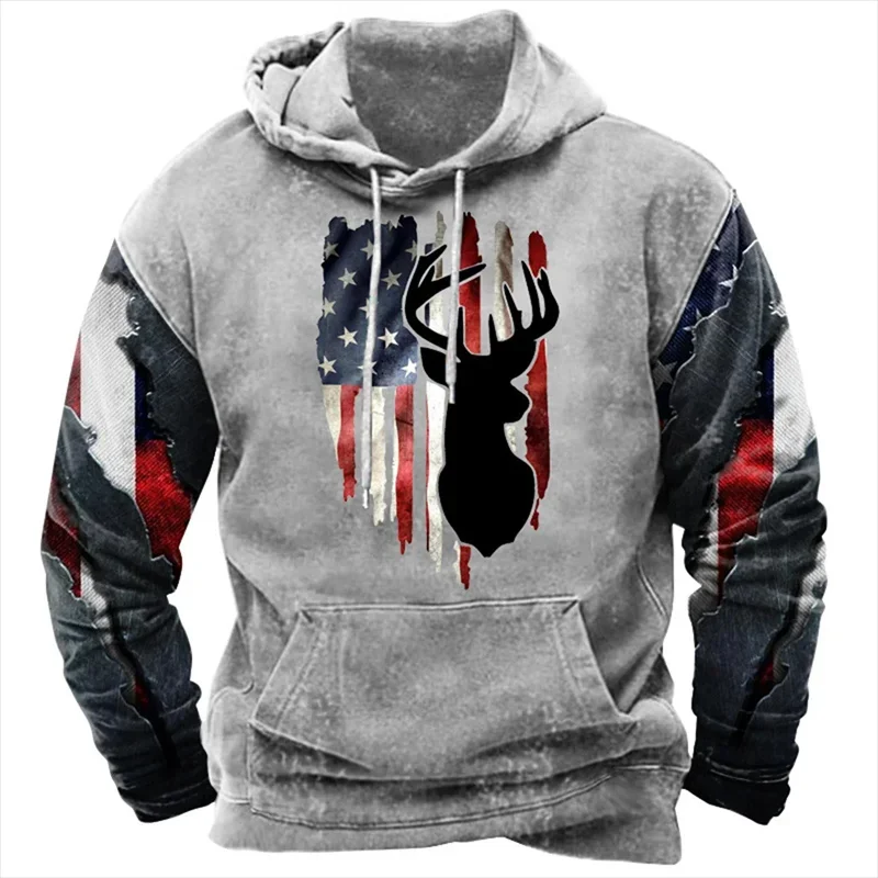 3D Printed Vintage Hoodies For Men USA Flag Graphic Long Sleeve Streetwear Fashion Oversized Hooded Sweatshirts Personality Tops