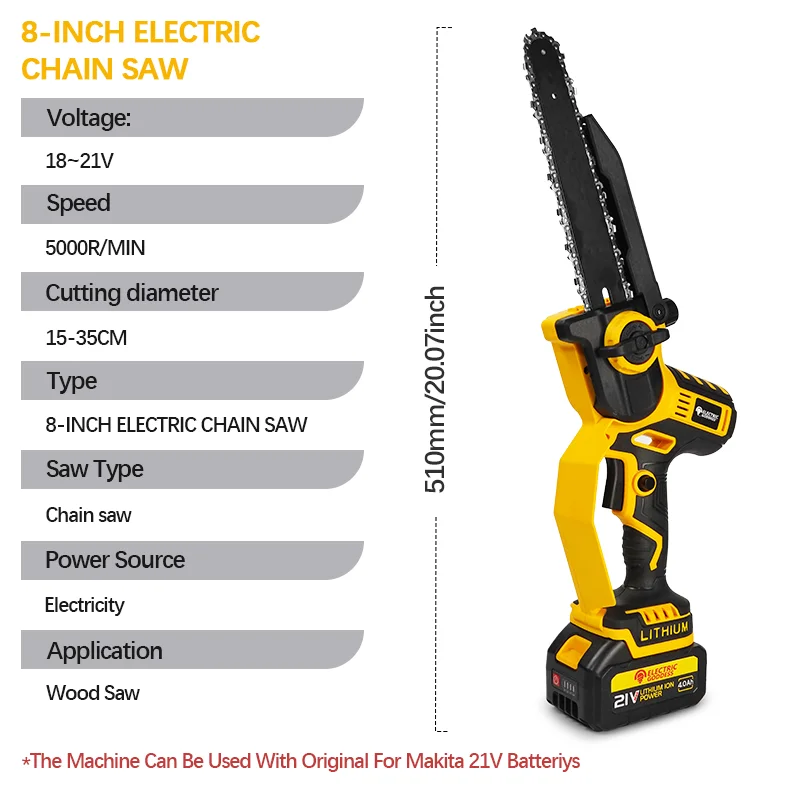 5000RPM 8 Zoll Bürstenlose Gelbe Elektrische Kettensäge Tragbare Einhand Garten Kettensäge Garten Beschneiden Werkzeug Für Makita 21V Batterie