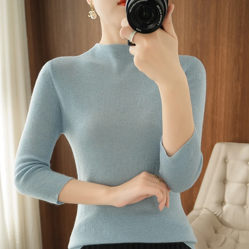 Women's Pullover Spring/Autumn Worsted Wool Sweater Casual Solid Color Knitwear Ladies' Tops Slim Half Turtle Collar Blouse