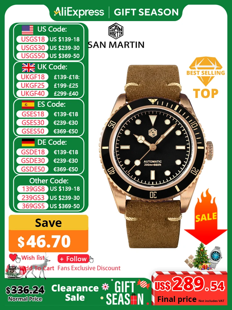 San Martin 38mm Vintage 6200 CuSn8 Bronze Diver Luxury Men Watch PT5000 SW200 Sapphire Automatic Mechanical 20Bar Leather Strap