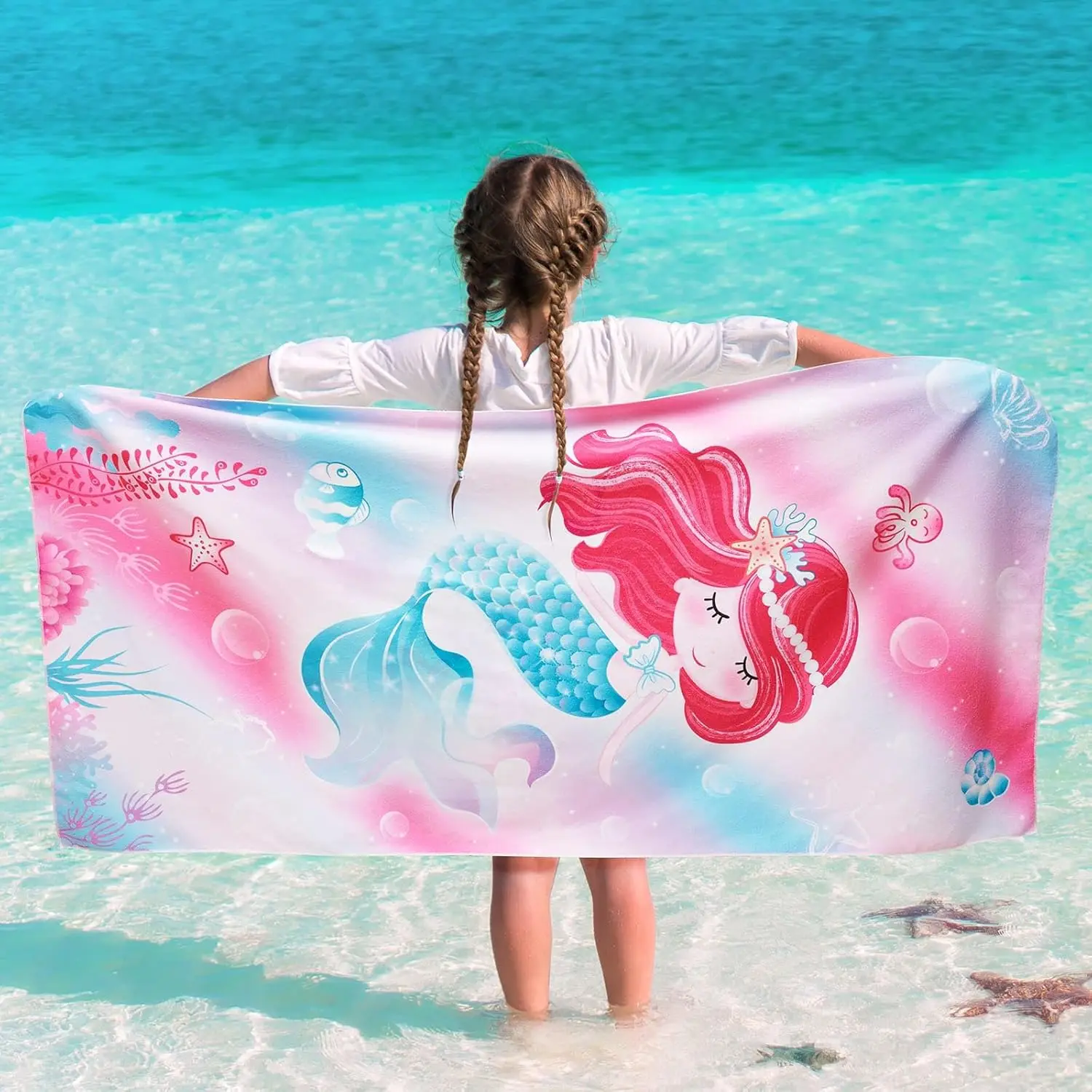 Magic Mermaid Beach Towel for Girls, Colorful Ocean Princess Art Quick-Dry Sand-Free Microfiber Bath Towel for Pool and Travel
