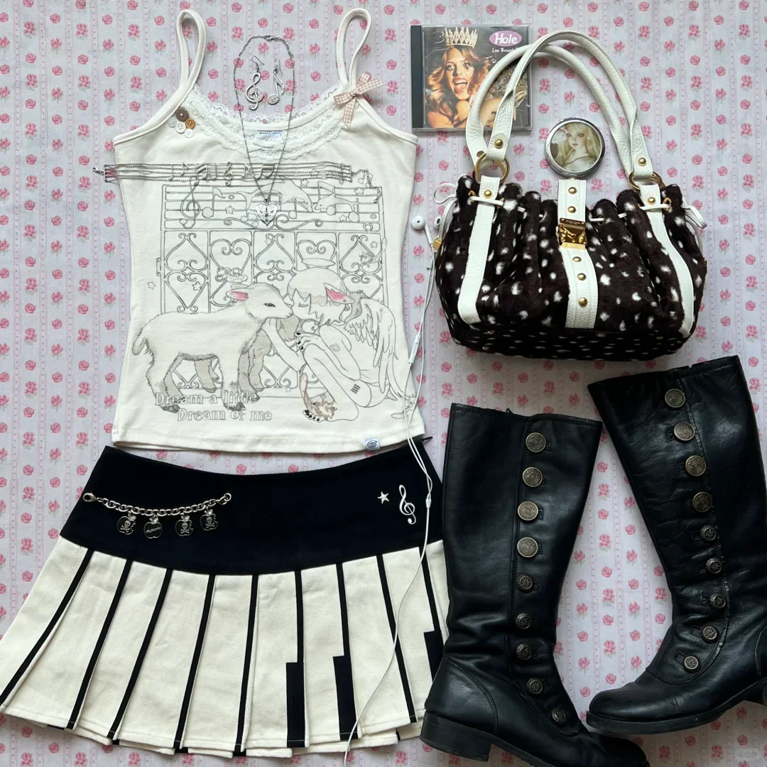 IMU 2000s Aesthetic Elegant Black White Piano Keys Skirts Women Y2k Slim Waist A-line Skirt Female Chic Korea Popular Clothes Mu