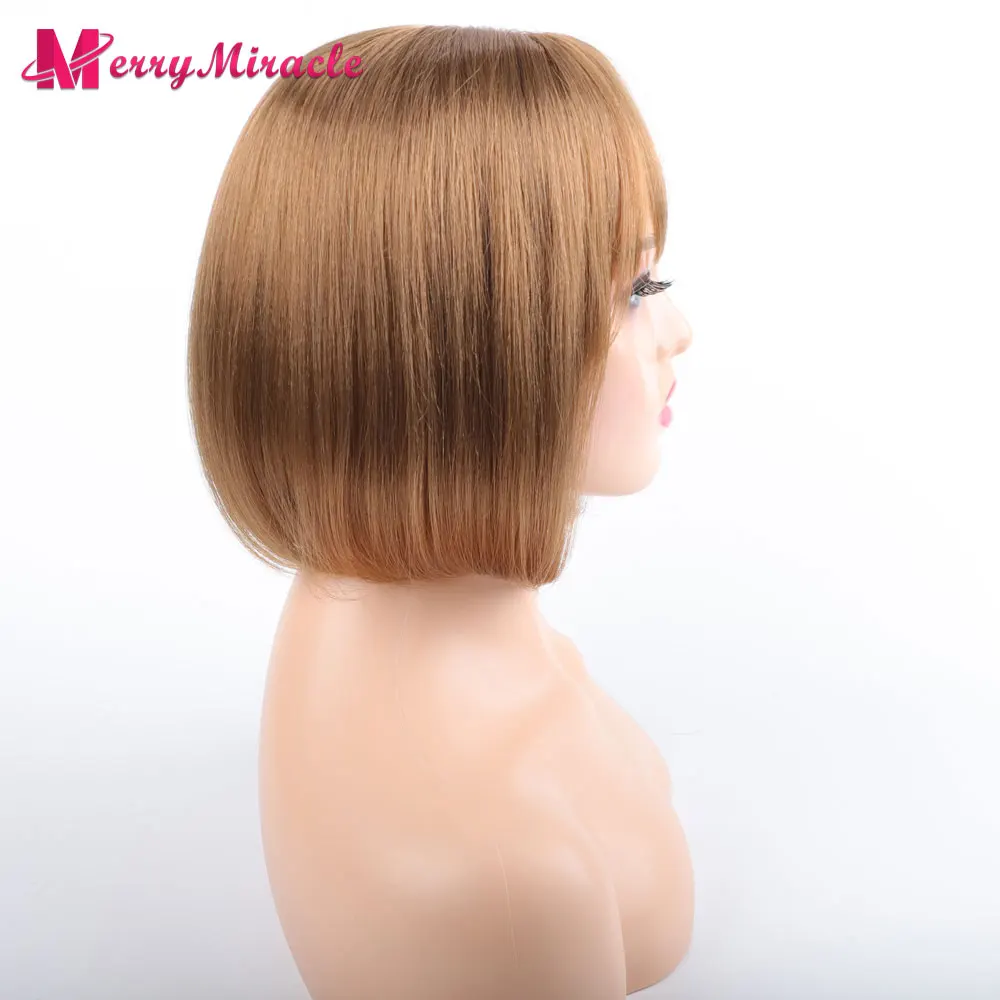 Golden Blonde Bob Synthetic Hair Wig Straight Wig with Bangs Synthetic Short Bob Wig for Women Short Afro Wigs with Fake Scalp