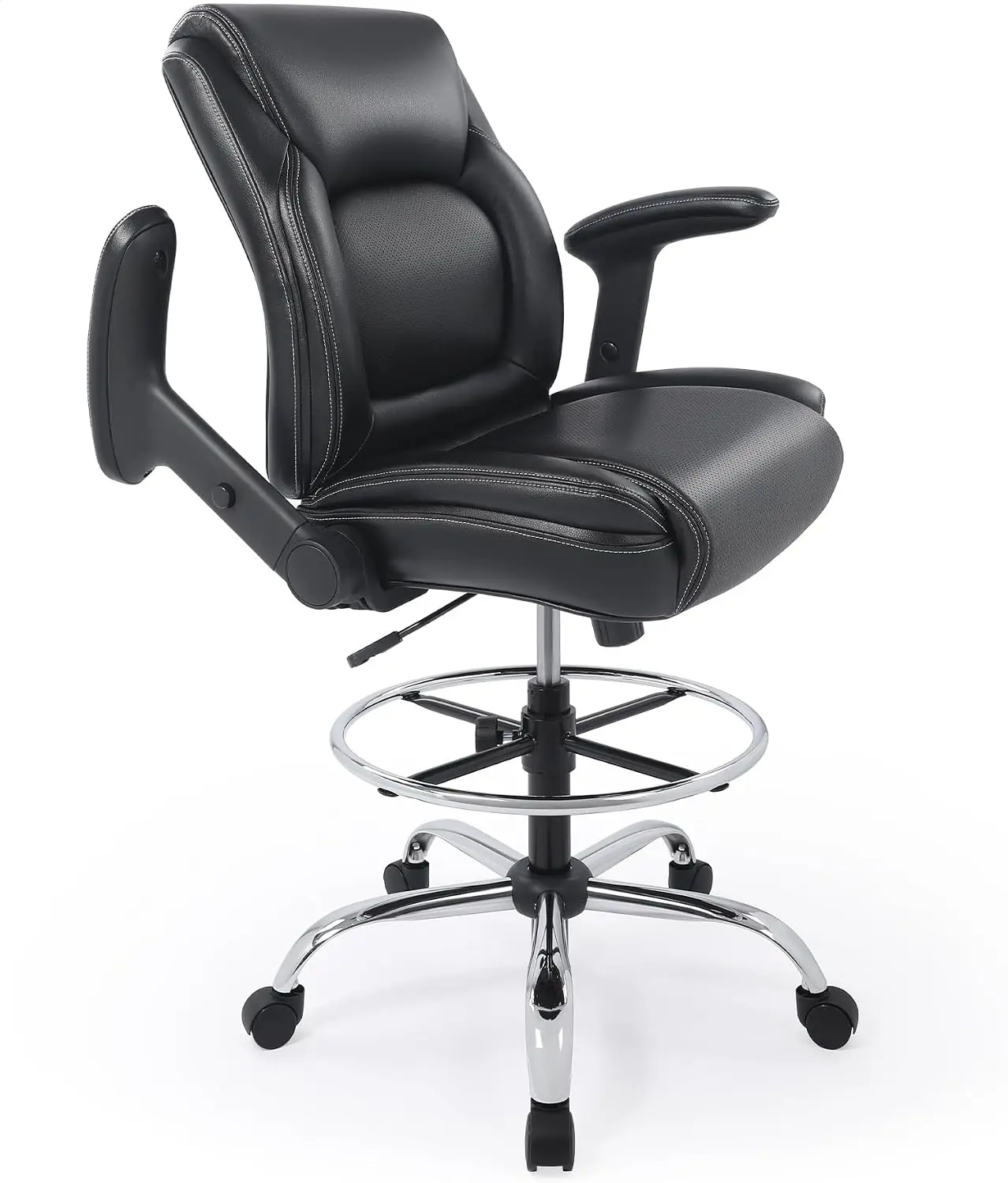 Ergonomic Mid-Back Premium Faux Leather Adjustable Drafting Chair with Multi-Function Arms and Foot Ring, Standing-Desk Matched